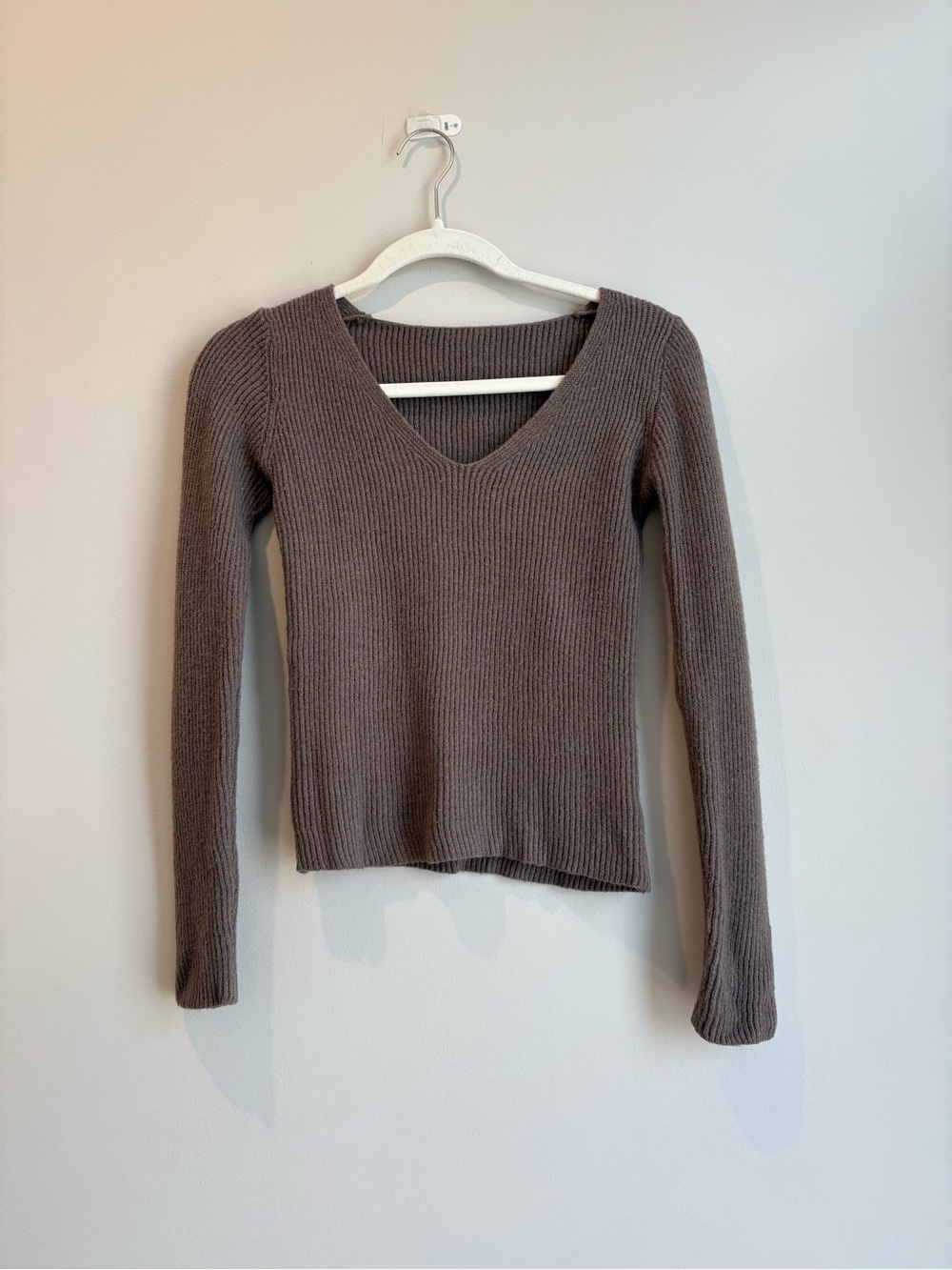 SHEIN Taupe V-Neck Ribbed Sweater